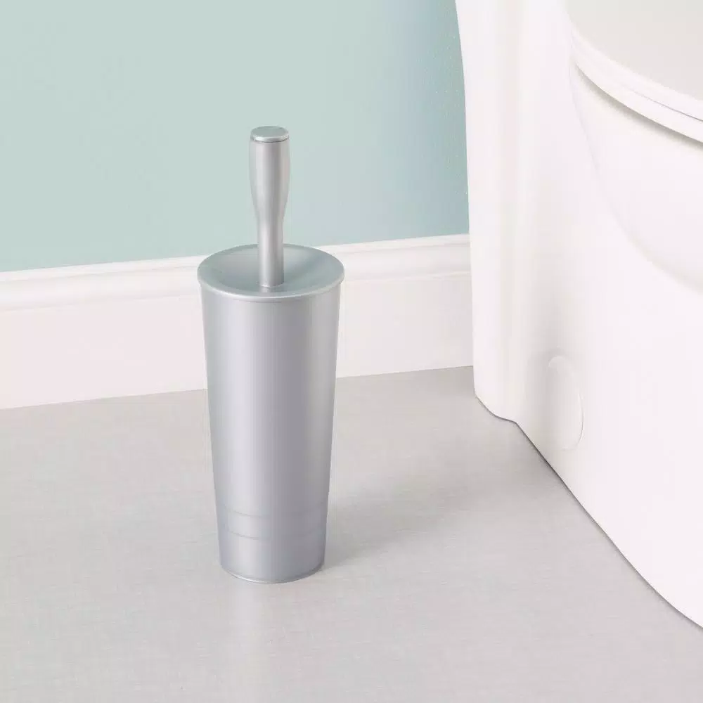 Home Basics Grey Plastic Toilet Brush and Holder Set with Nylon Bristles