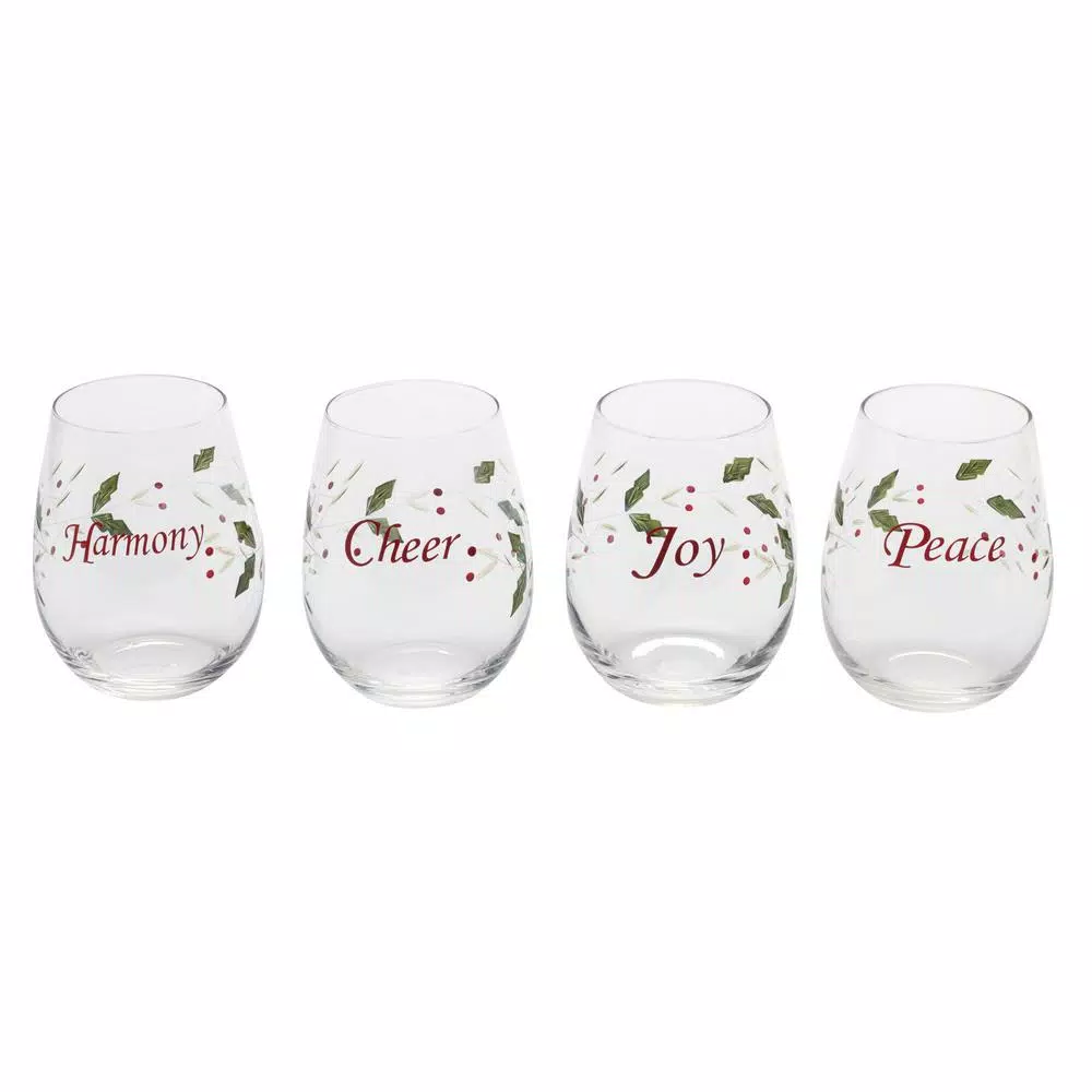 Pfaltzgraff Winterberry 20 oz. Stemless Wine Glasses, Set of 4 with Holiday Sentiments