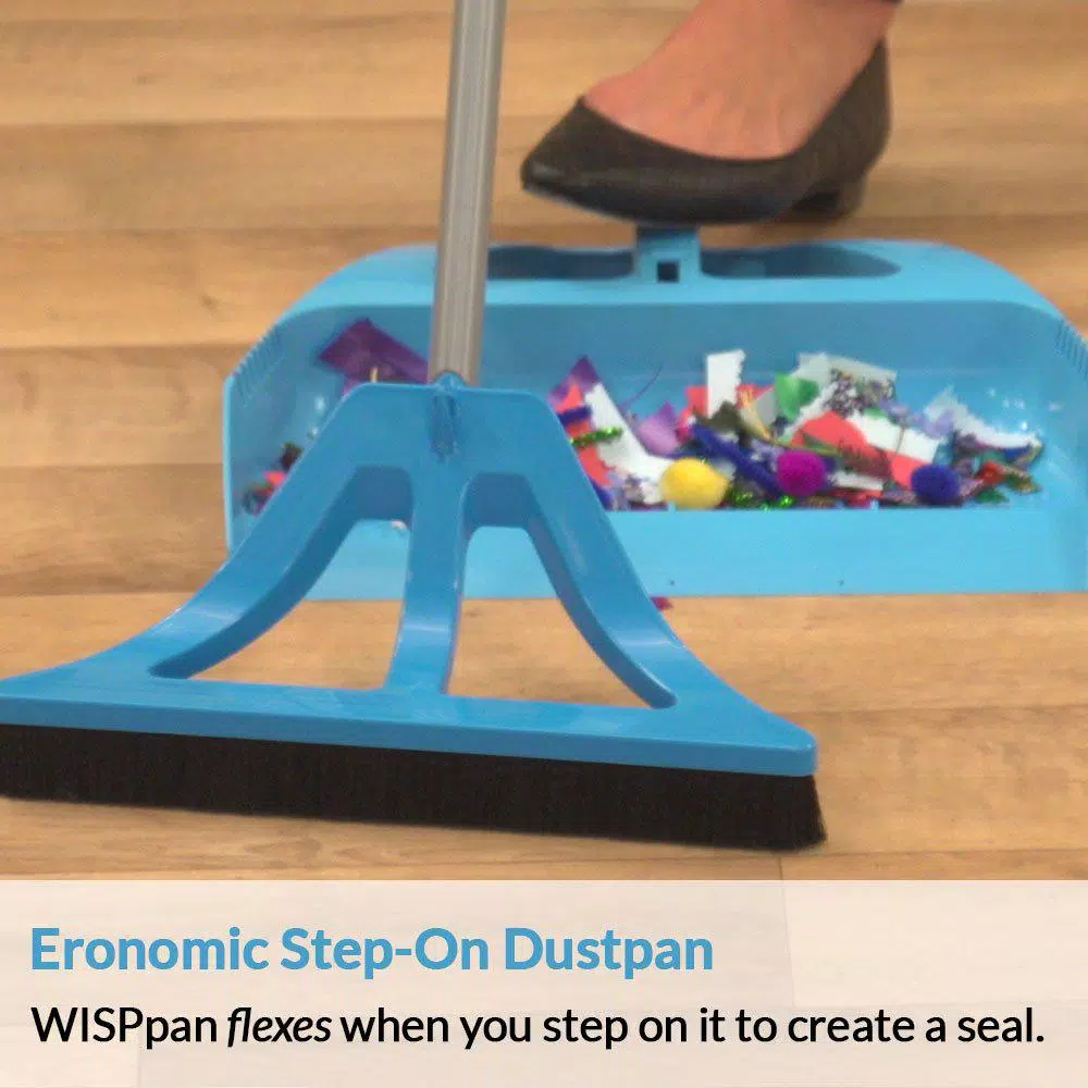 WISP 3-Piece Broom and Dustpan Set with Telescoping Handle and Bristle Seal Technology - Blue