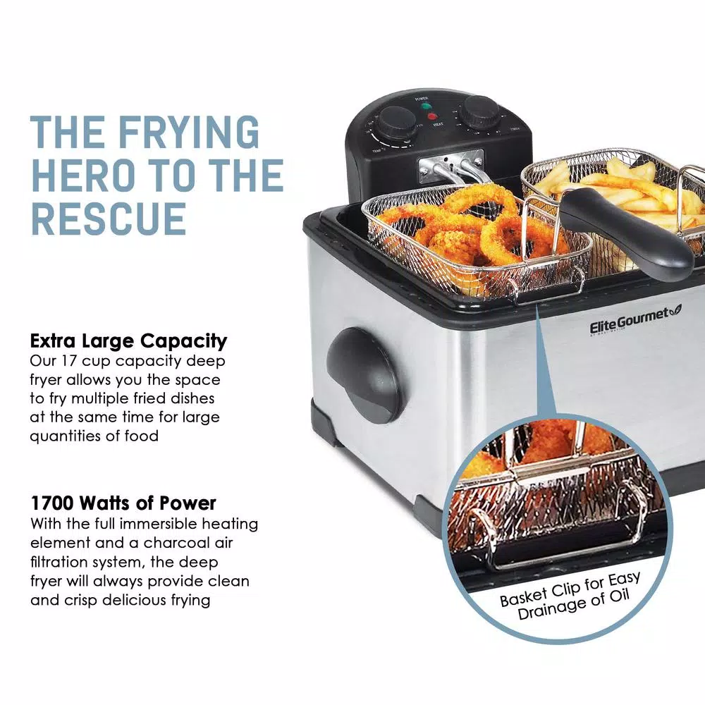Elite 4 Qt. Dual Basket Deep Fryer with Extra-Large Bonus Basket, Brushed Stainless Steel, 1700W
