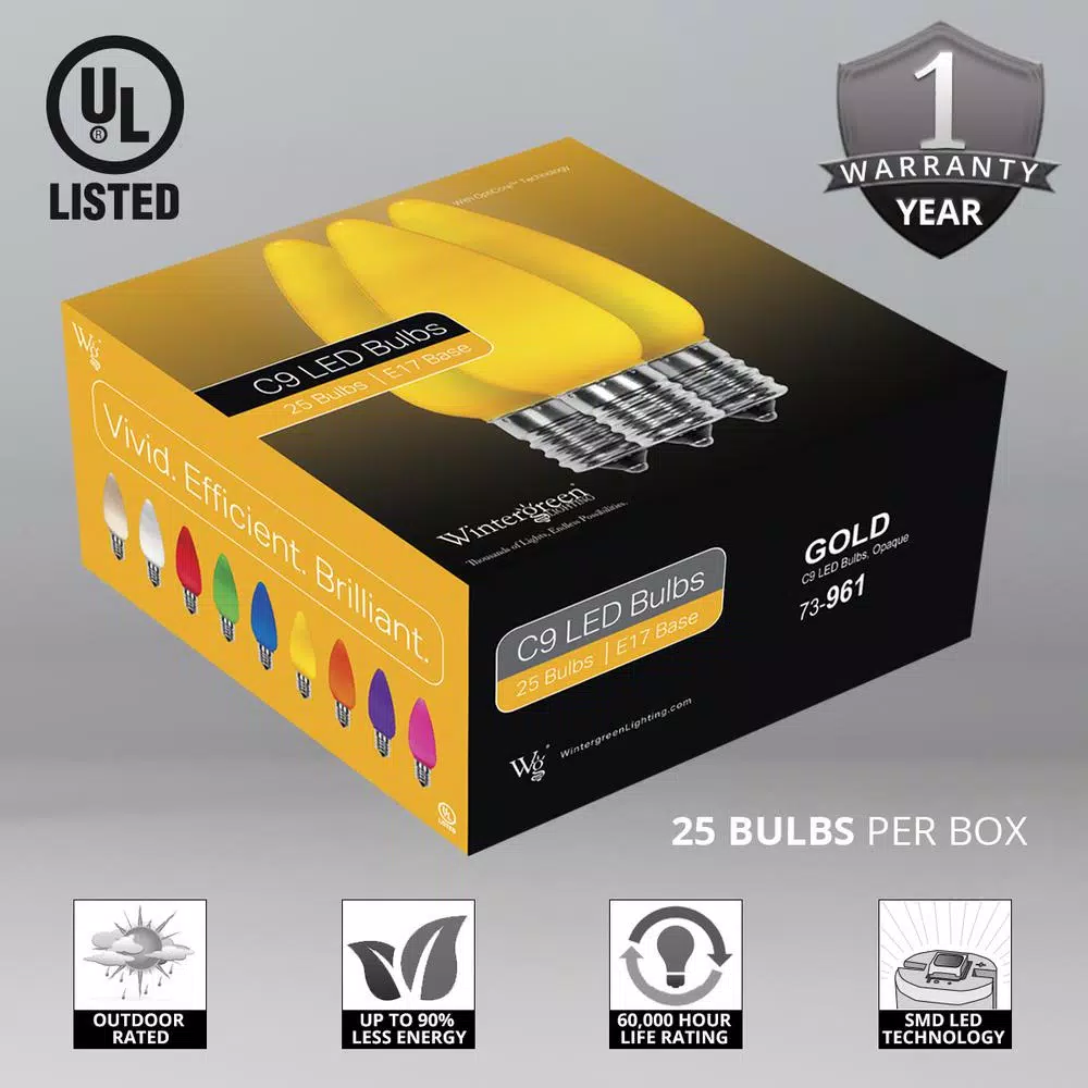 Wintergreen Lighting OptiCore C9 LED Gold Smooth Opaque Christmas Light Bulbs, 25-Pack