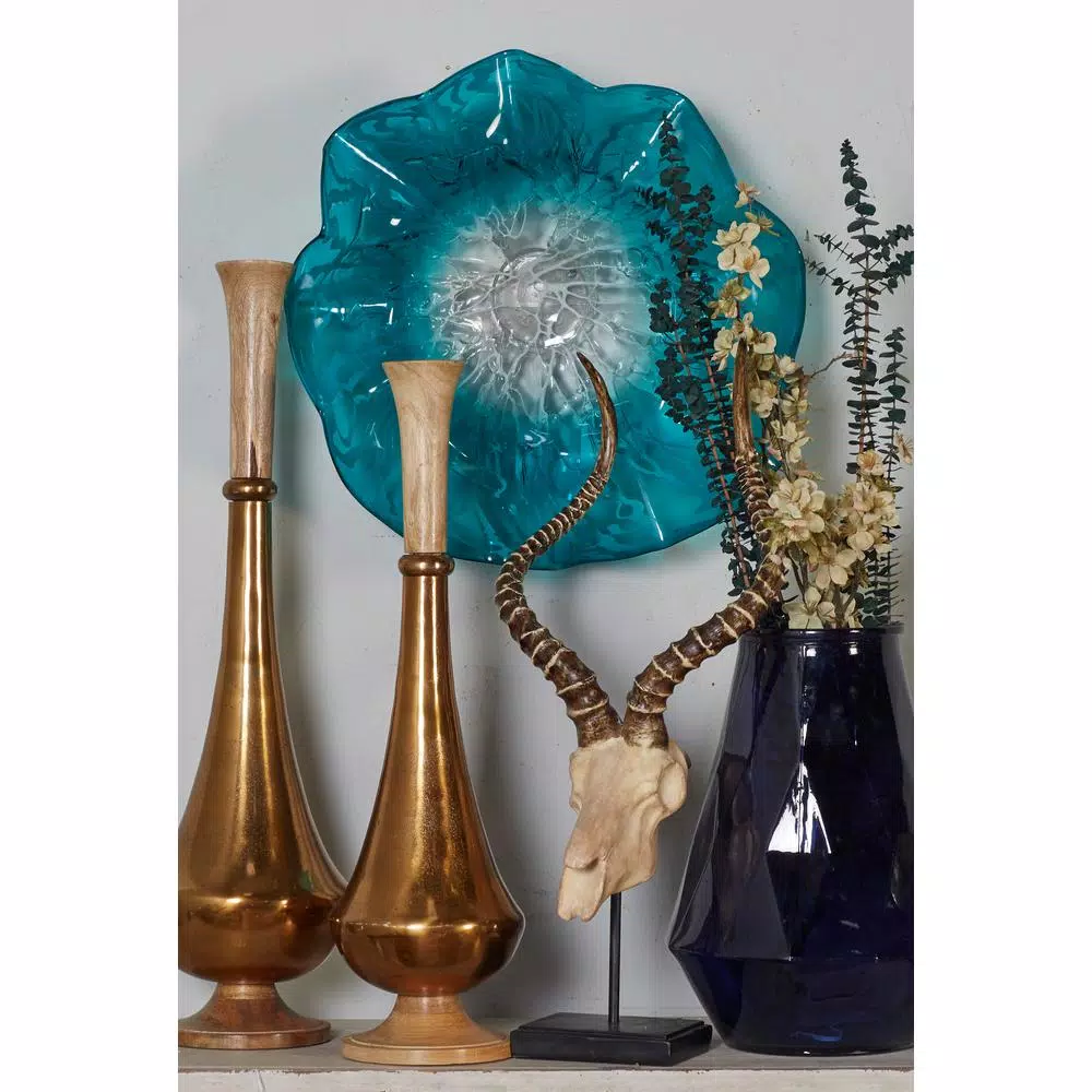 LITTON LANE Wavy Aquamarine and Gray Glass Wall Plate - Scalloped Decorative Wall Decor