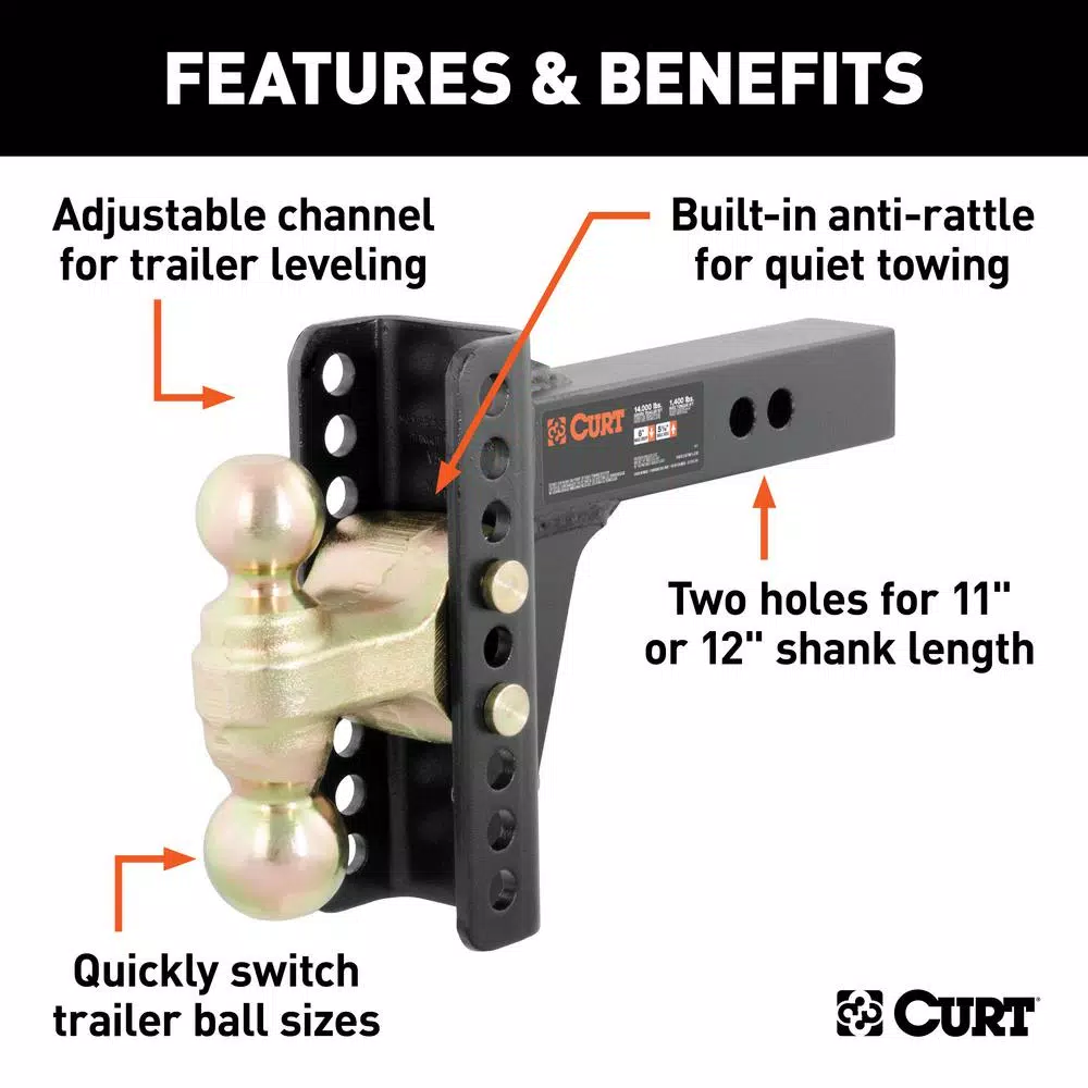 CURT Adjustable Channel Mount Trailer Hitch Ball Mount with Dual Ball, 2 in. Shank, 14,000 lbs. Capacity