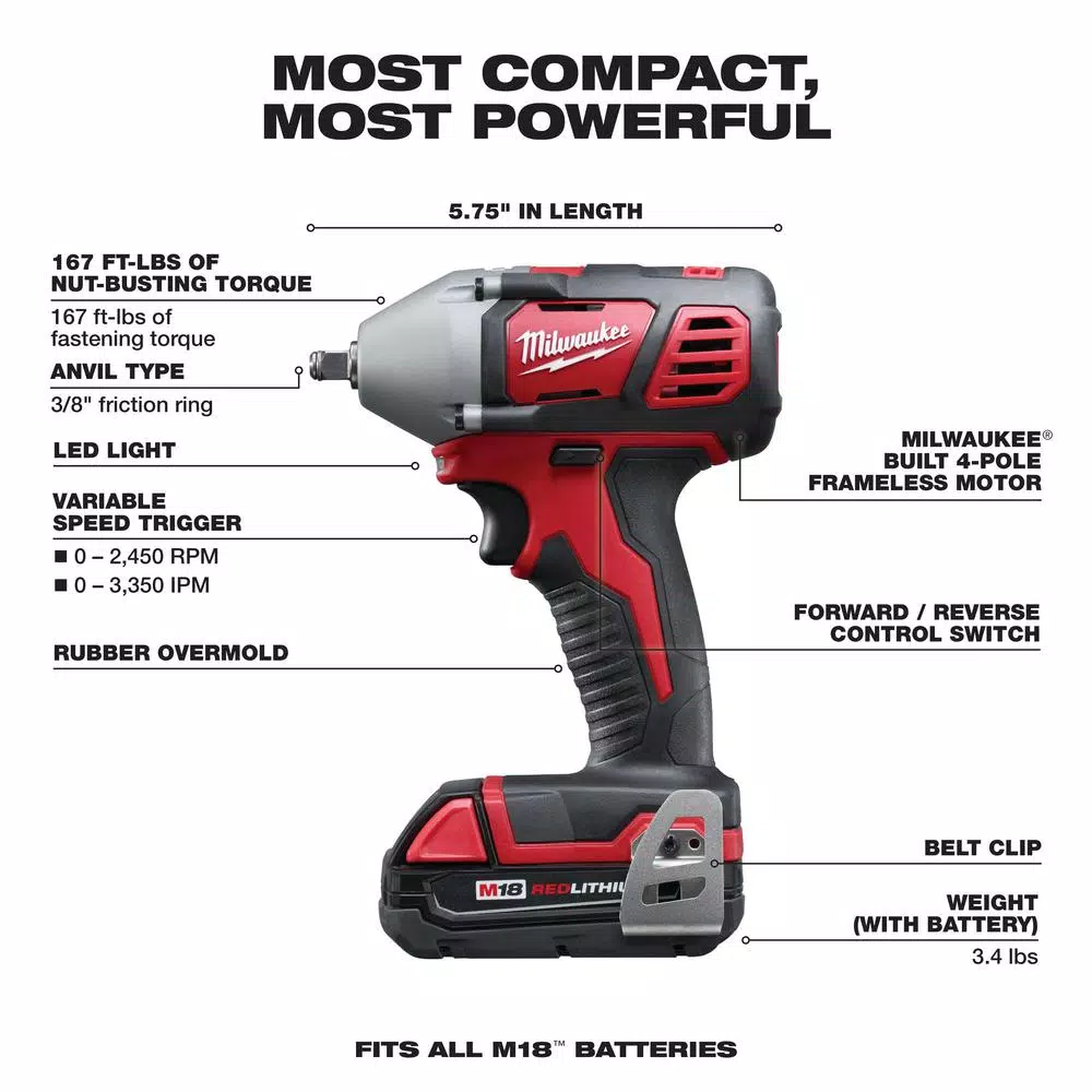 Milwaukee M18 3/8 in. Compact Cordless Impact Wrench Kit with (2) 1.5 Ah Batteries, Charger, and Hard Case
