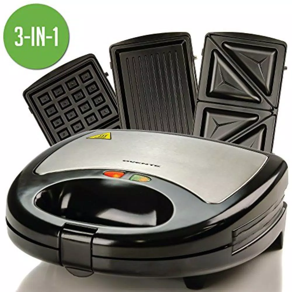 Ovente 3-in-1 Electric Sandwich Maker, Waffle and Grill Maker with Detachable Non-Stick Plates, 750W, Black