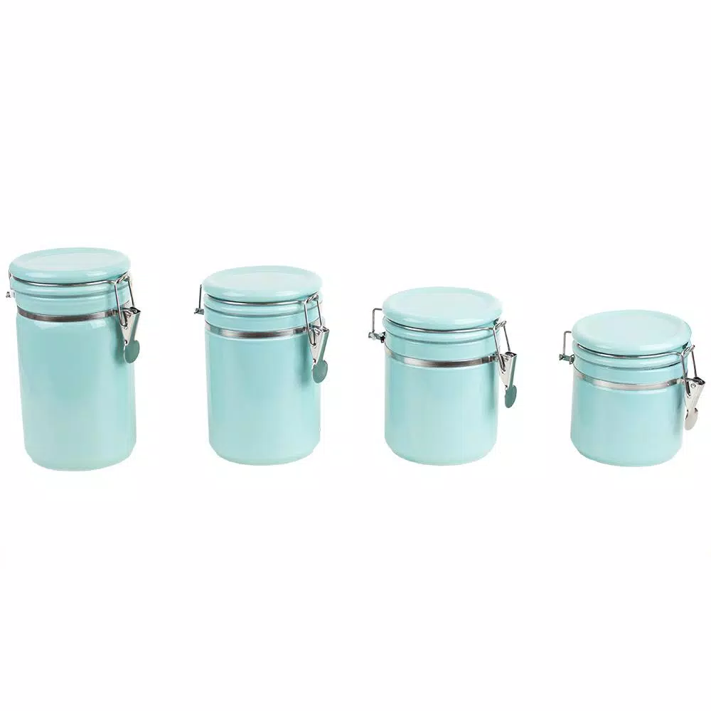 Home Basics 4-Piece Ceramic Kitchen Canister Set with Wooden Spoons - Turquoise