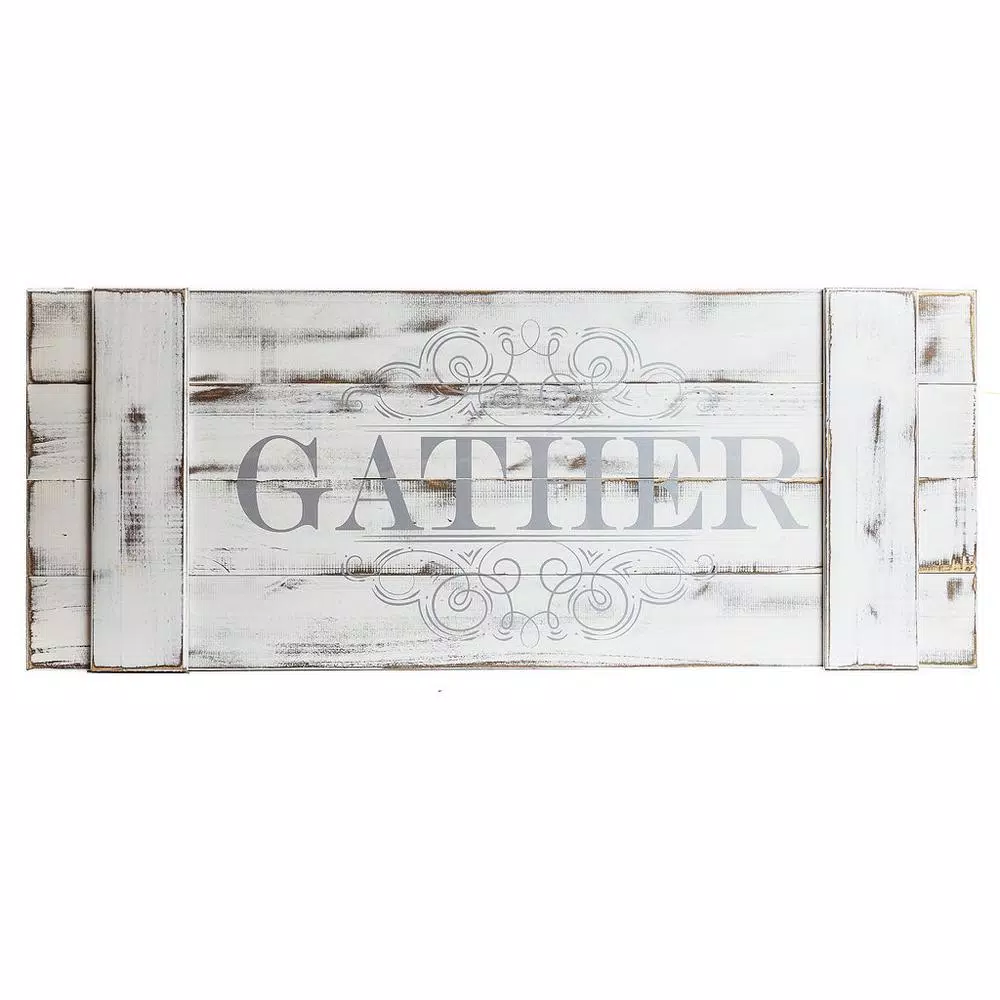 Pinnacle Gather Wood Plank Decorative Sign - Rustic Farmhouse White Wall Art
