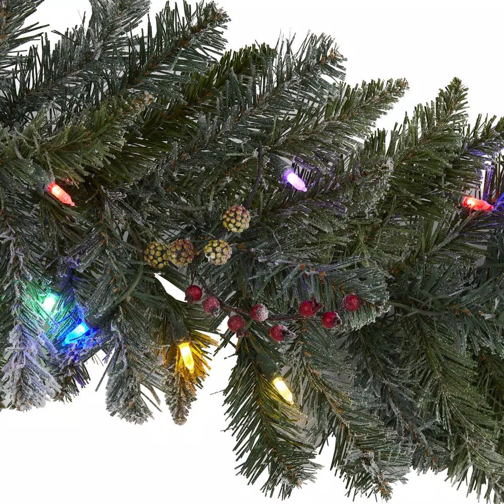 Nearly Natural 6 ft. Pre-Lit Flocked Artificial Christmas Pine Garland with 50 Multi-Colored LED Lights and Berries