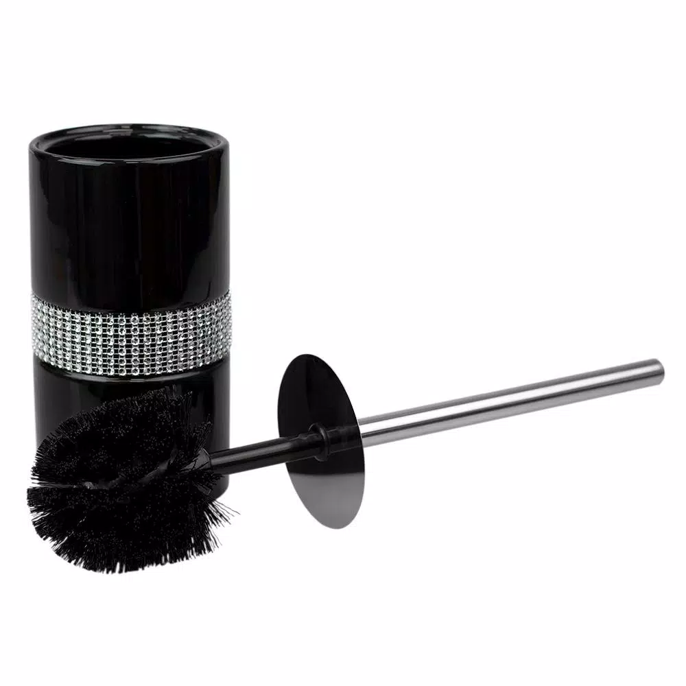 Unbranded Black Ceramic Luxury Toilet Brush Holder with Sequin Accents and Stainless Steel Handle