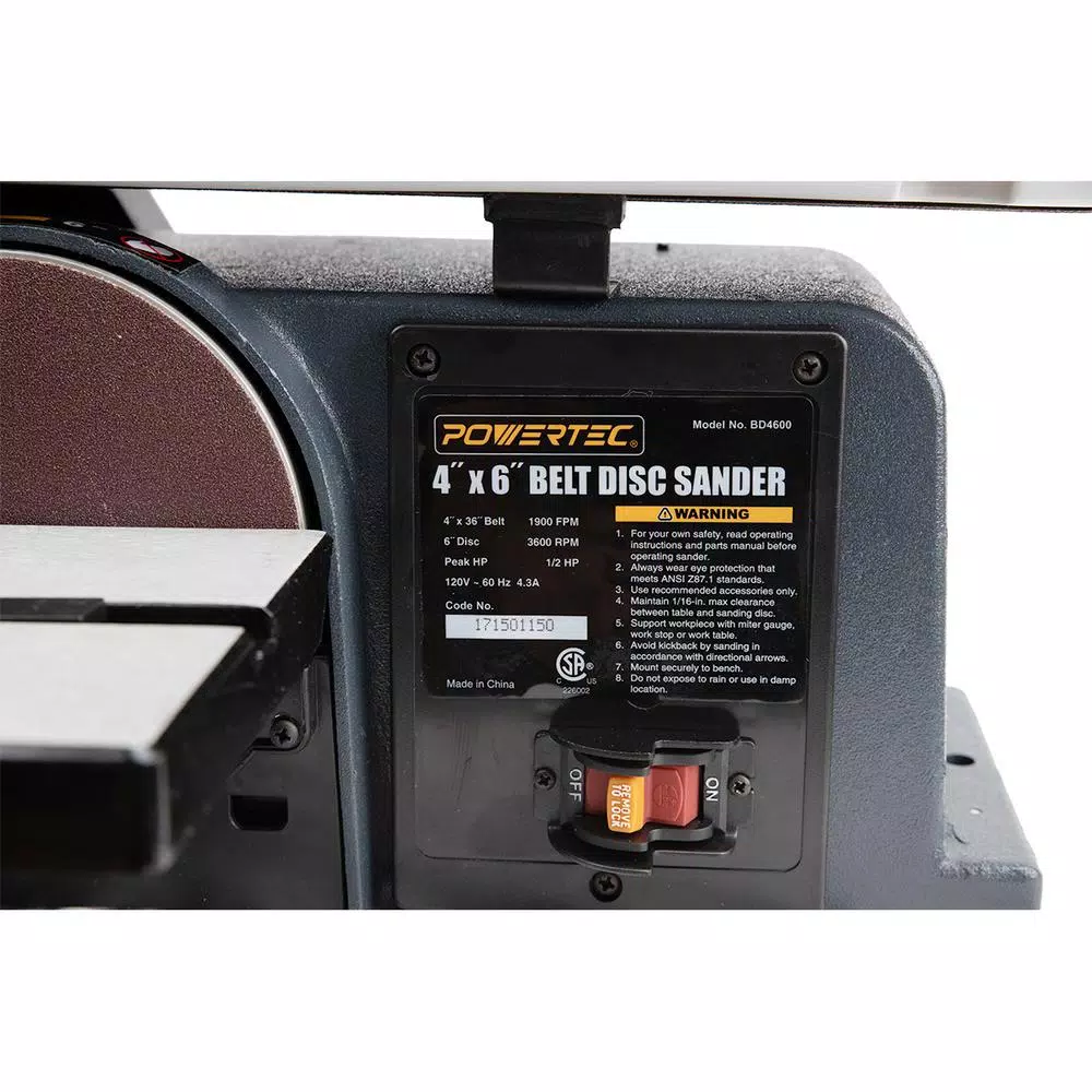 POWERTEC 2-in-1 Belt and Disc Sander, 4 in. x 36 in. Belt with 6 in. Disc, 1/2 HP Induction Motor