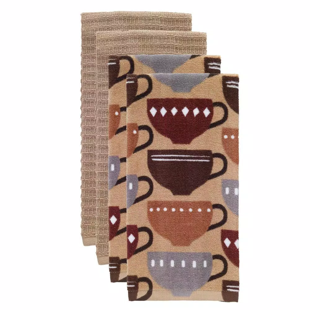 RITZ T-fal Coffee Print and Solid Cotton Kitchen Dish Towel Set, 4-Pack