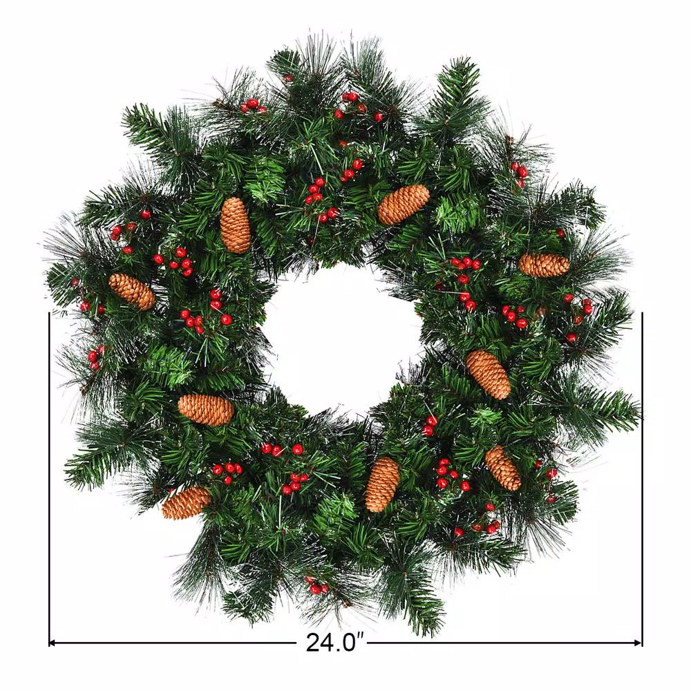 Costway 24 in. Pre-Lit Artificial Christmas Wreath with 50 Warm White LED Lights and Timer