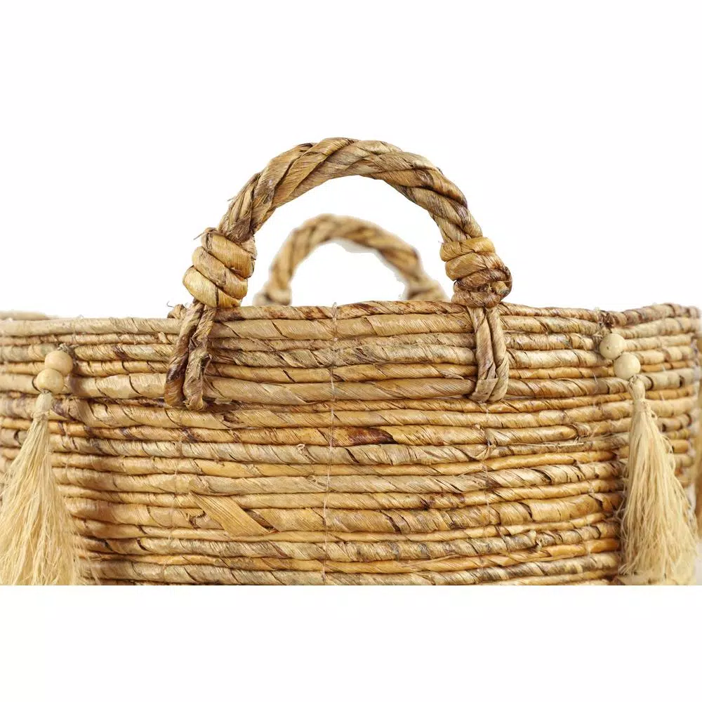 LITTON LANE Oval Banana Leaf and Wicker Storage Basket Set of 3 with Handles