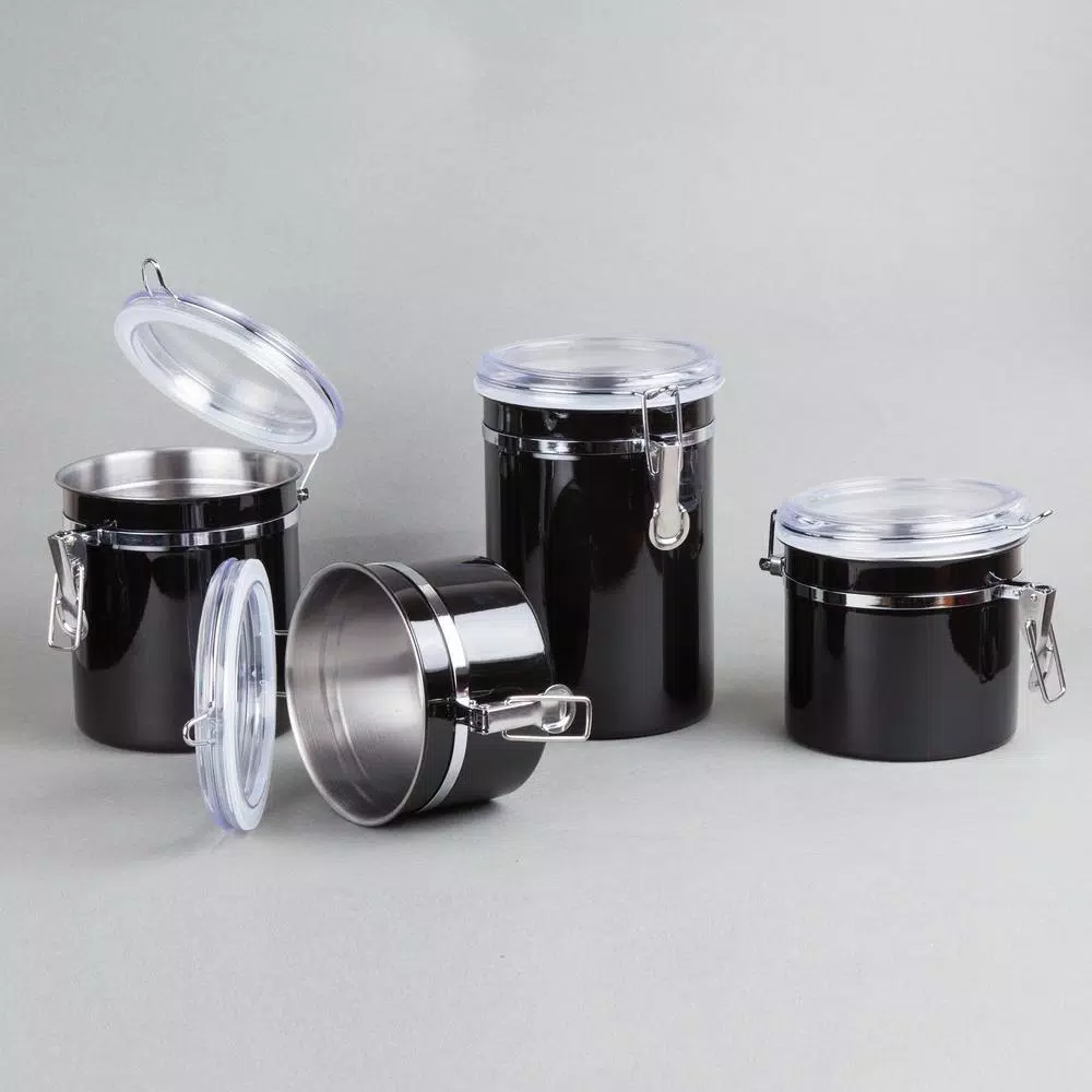 Creative Home 4-Piece Black Stainless Steel Canister Set with Airtight Locking Clamp Lids