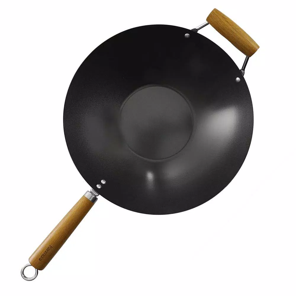 KENMORE 14 in. Carbon Steel Non-Stick Flat Bottom Wok with Wooden Handles