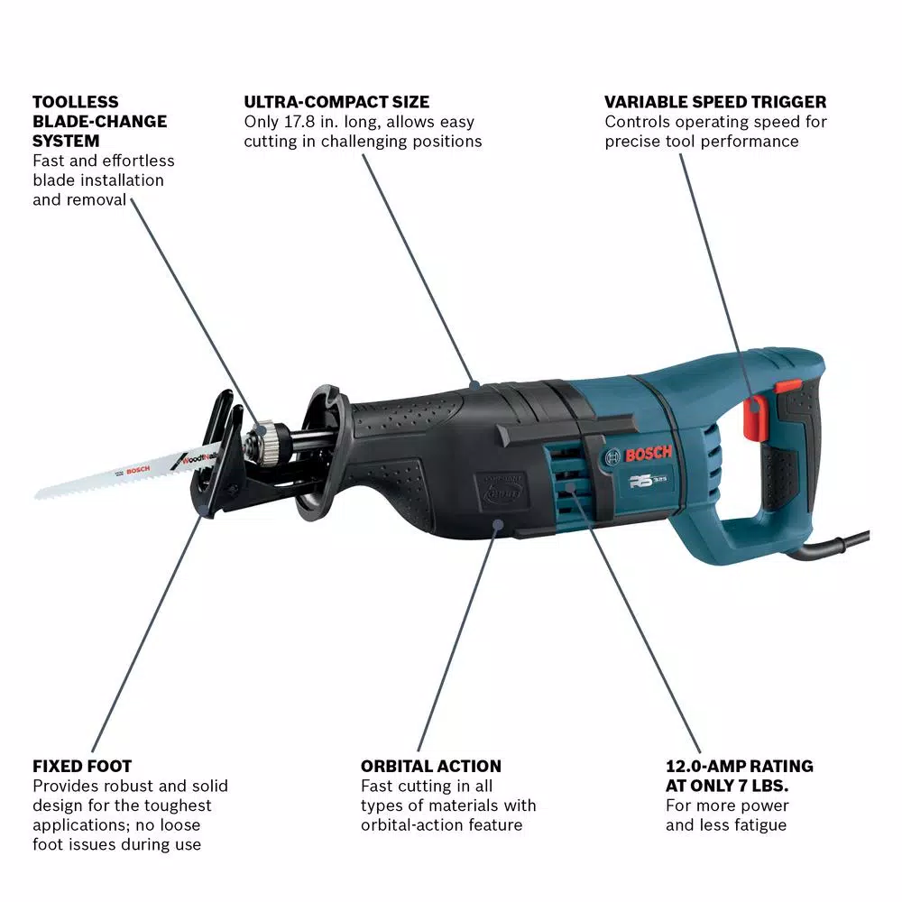 Bosch 12 Amp Corded 1 in. Variable Speed Compact Reciprocating Saw with Carrying Case