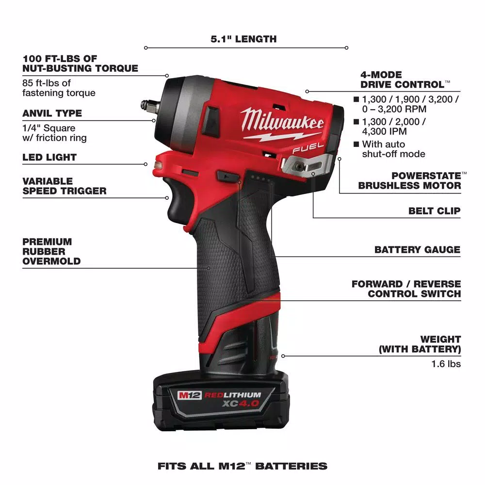 Milwaukee M12 FUEL 1/4 in. Stubby Brushless Cordless Impact Wrench Kit with Two Batteries and Charger