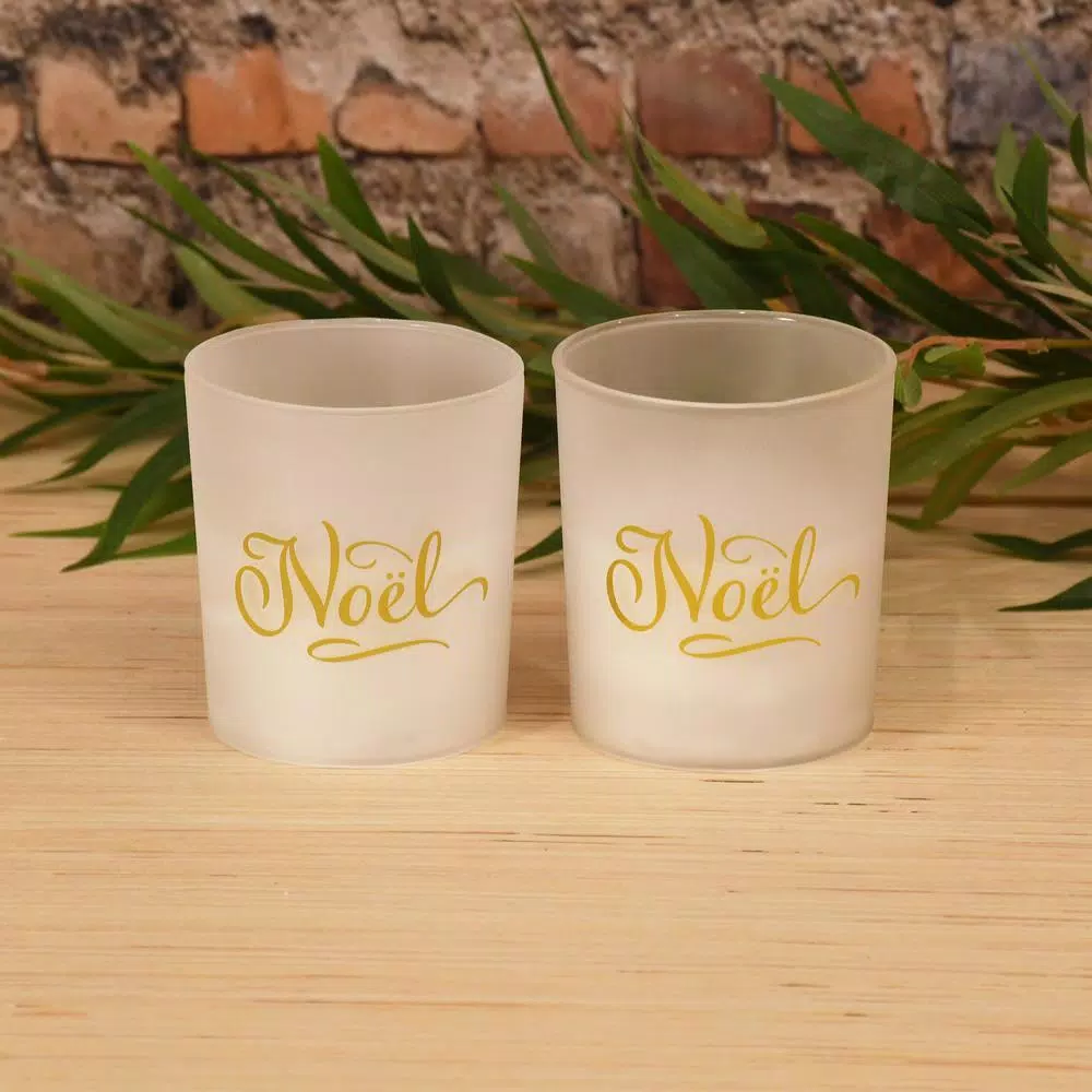 LUMABASE Noel Glass LED Battery Operated Candles with Timer, Gold, Set of 2
