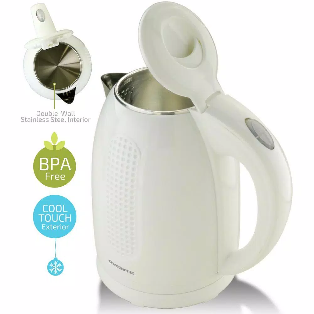 Ovente 1.7L Electric Kettle, White Stainless Steel BPA-Free Water Boiler with Auto Shut-Off