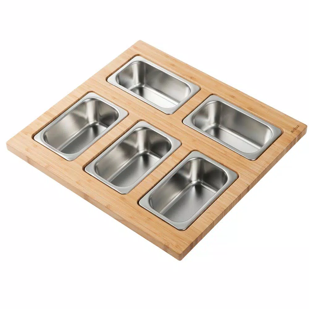 KRAUS Workstation Kitchen Sink Accessory Set with Bamboo Serving Board and 5 Stainless Steel Prep Bowls