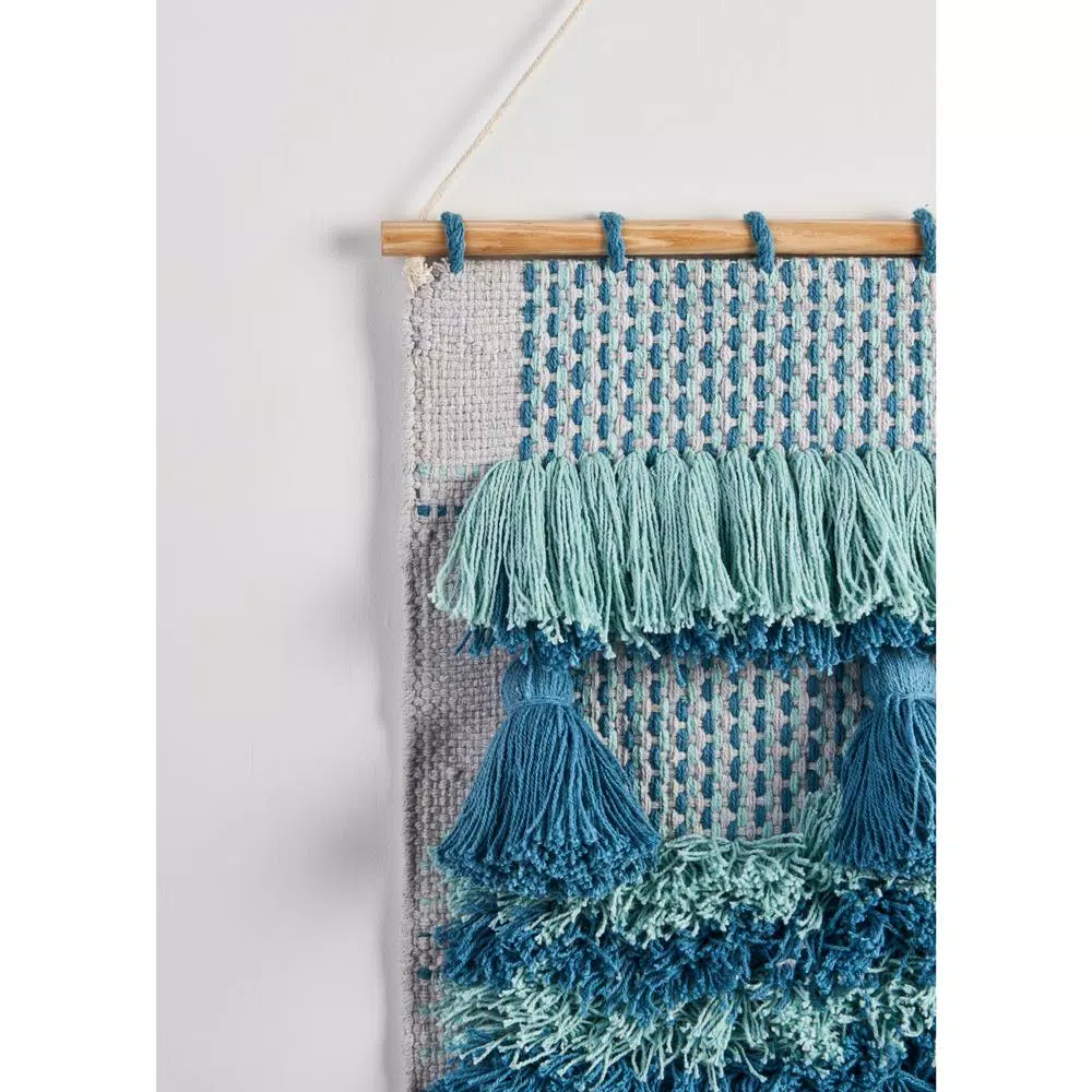 LR Home Coast Gray & Teal Fringed Tufted Cotton Wall Tapestry - Bohemian Coastal Wall Hanging