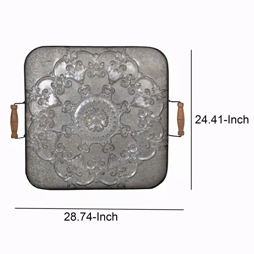 Benjara Ravello Square Gray Wood and Iron Decorative Tray with Floral Detail