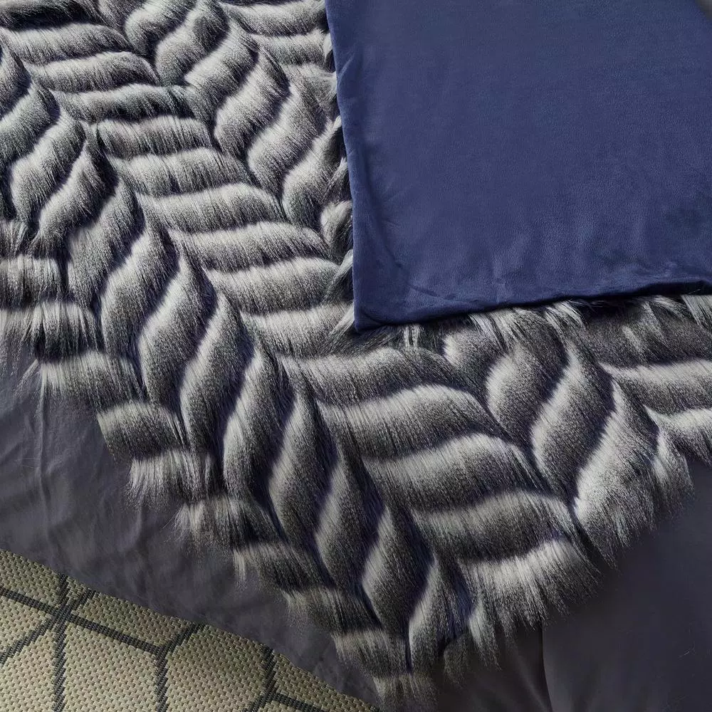 Unbranded Caron Navy Reversible Faux Fur and Micromink Throw Blanket, 50 in. x 60 in.