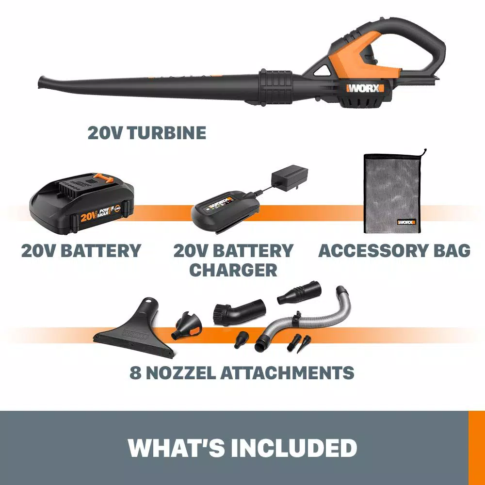 Worx 20V Cordless Leaf Blower & Sweeper Kit with 8 Attachments, 120 MPH, 80 CFM, 2 Ah Battery & Charger Included