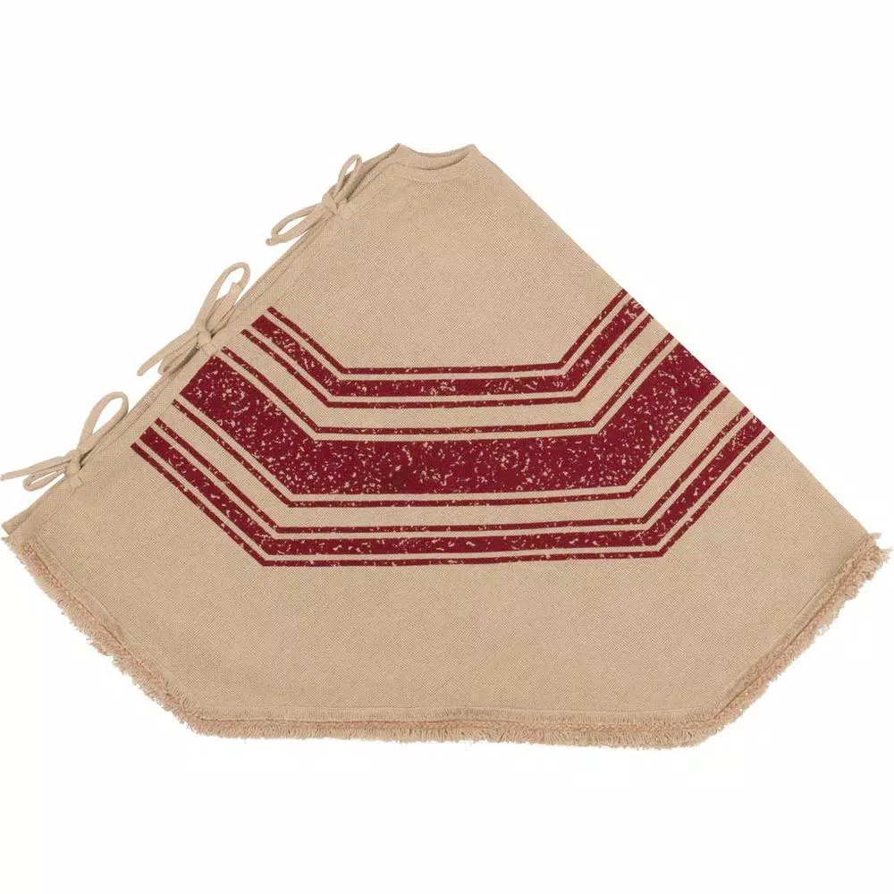VHC Brands 55 in. Red Vintage Burlap Stripe Farmhouse Christmas Tree Skirt