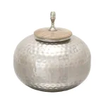 LITTON LANE 12 in. Silver Dimpled Iron Urn-Type Round Jar with Oak Brown Wood Lid thumbnail 2