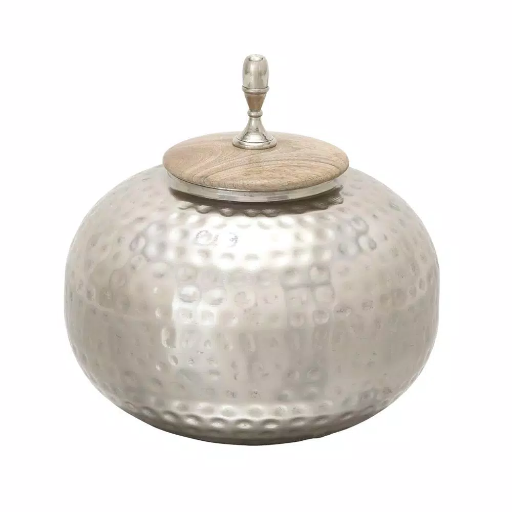 LITTON LANE 12 in. Silver Dimpled Iron Urn-Type Round Jar with Oak Brown Wood Lid