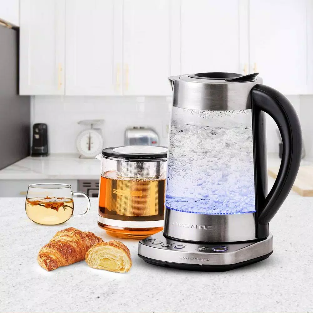 Ovente 1.7L Stainless Steel Glass Electric Kettle with ProntoFill Technology and 27-Oz Teapot Bundle