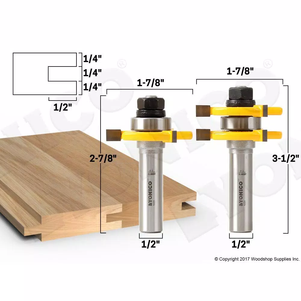 Yonico Carbide Tipped Tongue and Groove Router Bit Set, 1/2 in. Shank, 2-Piece