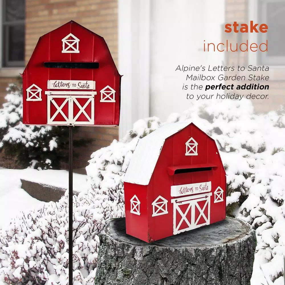 Alpine Corporation 54 in. Metal Letters to Santa Red Barnhouse Mailbox Garden Stake