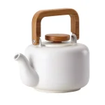 BonJour Wayfarer 4-Cup Matte White Ceramic Teapot with Stainless Steel Infuser and Teak Wood Accents thumbnail 1