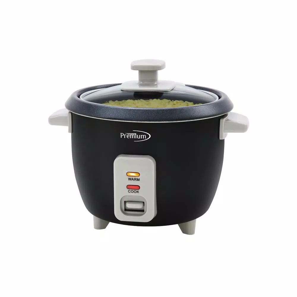 PREMIUM 6-Cup Black Rice Cooker and Steamer with Non-Stick Pot and Tempered Glass Lid