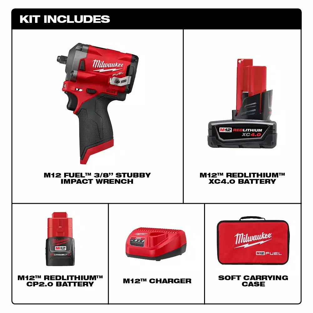 Milwaukee M12 FUEL 3/8 in. Stubby Brushless Cordless Impact Wrench Kit with Two Batteries and Charger