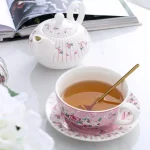 MALACASA Elegant Porcelain Tea Set for One - 3 Piece Teapot, Teacup and Saucer Set, White with Pattern thumbnail 2
