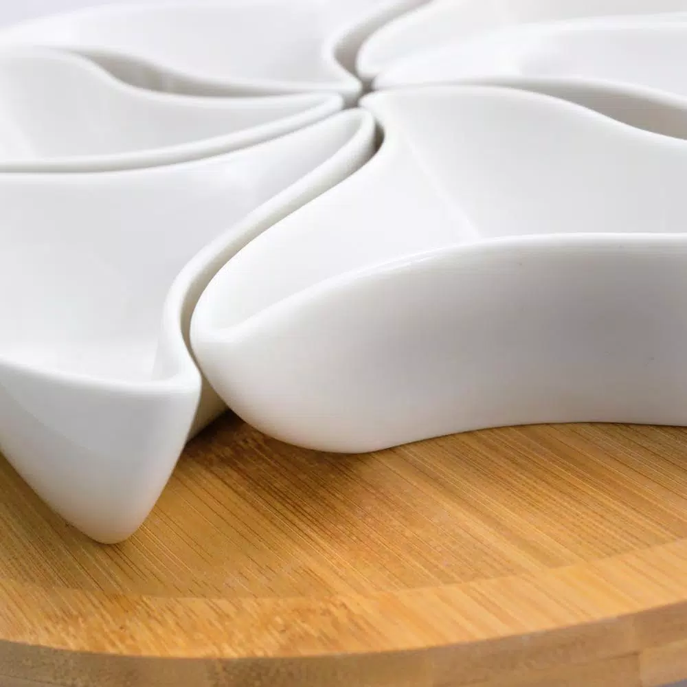 Elama Signature Collection Stoneware Appetizer Bowls with Bamboo Lazy Susan Serving Tray