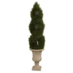 Nearly Natural 5 Ft. Double Pond Cypress Artificial Spiral Topiary Tree in Sand-Colored Urn, UV Resistant thumbnail 1