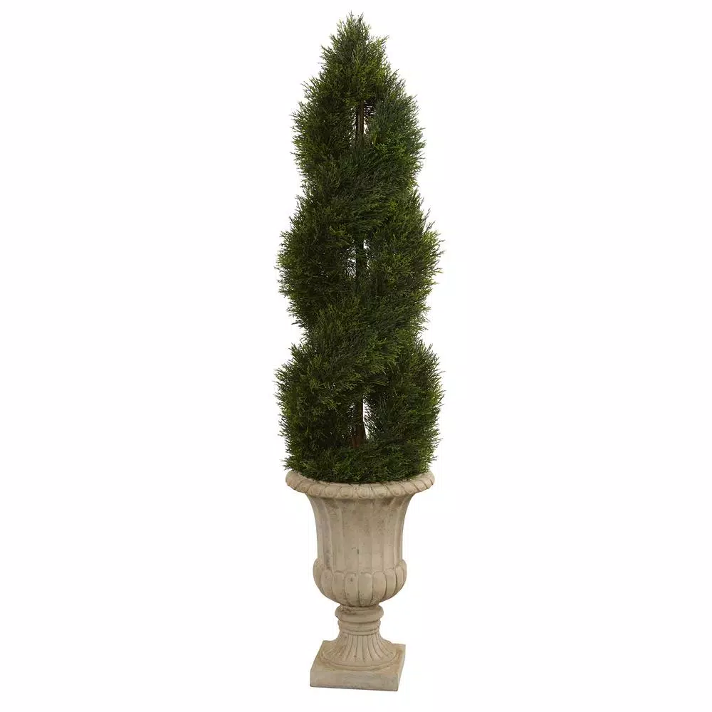 Nearly Natural 5 Ft. Double Pond Cypress Artificial Spiral Topiary Tree in Sand-Colored Urn, UV Resistant