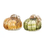 Glitzhome Set of 2 Green and Amber Crackle Glass Short Pumpkins, 4.72 in. Handmade Fall Decor thumbnail 1