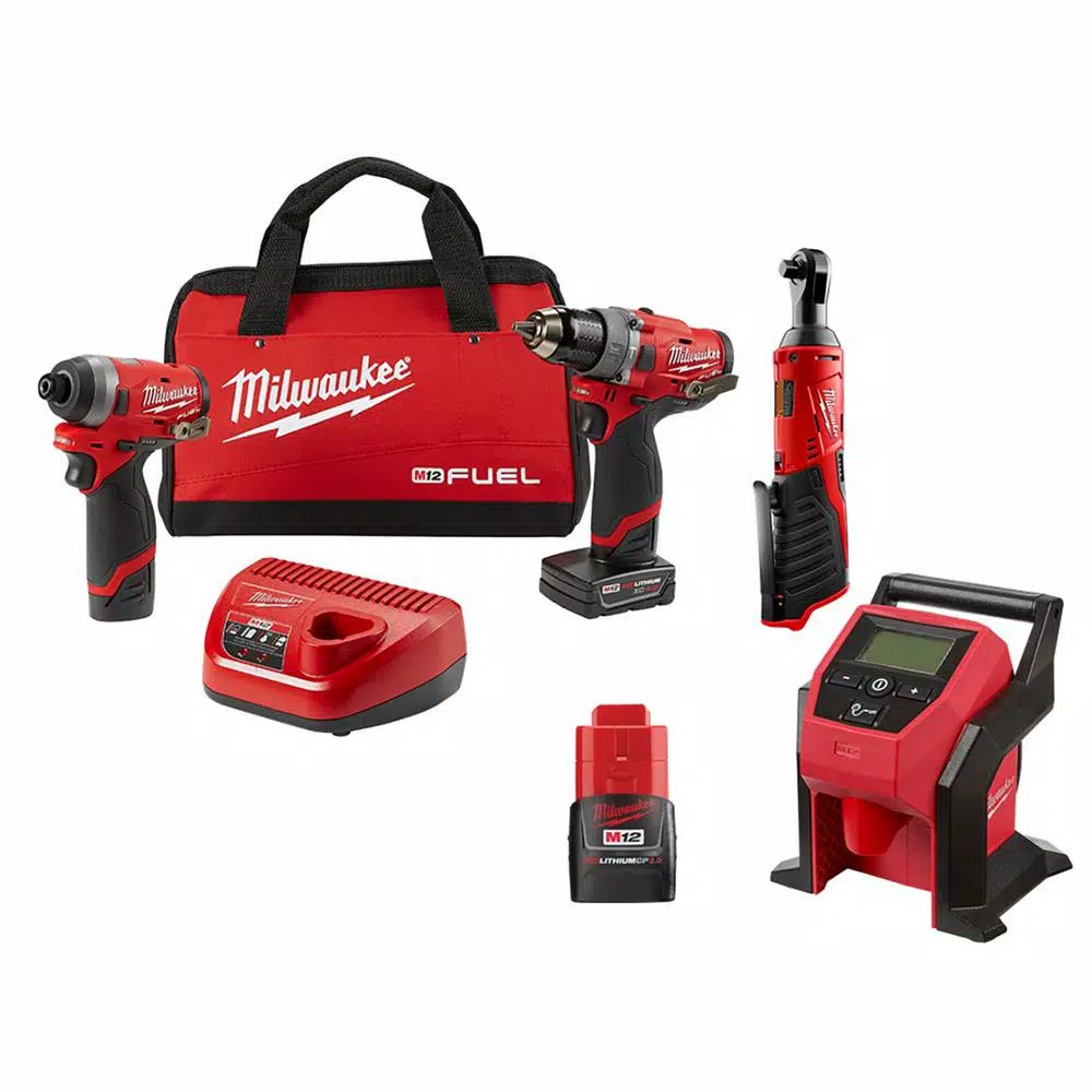 Milwaukee M12 FUEL 12V Li-Ion Brushless 4-Tool Combo Kit with Hammer Drill, Impact Driver, Ratchet & Inflator