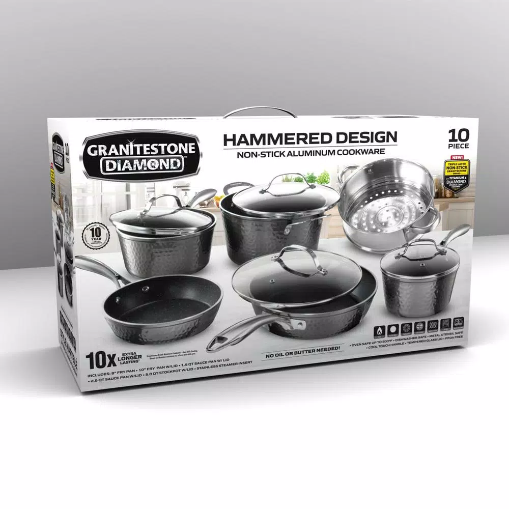 Granitestone 10-Piece Aluminum Hammered Non-Stick Diamond Infused Cookware Set, Pewter