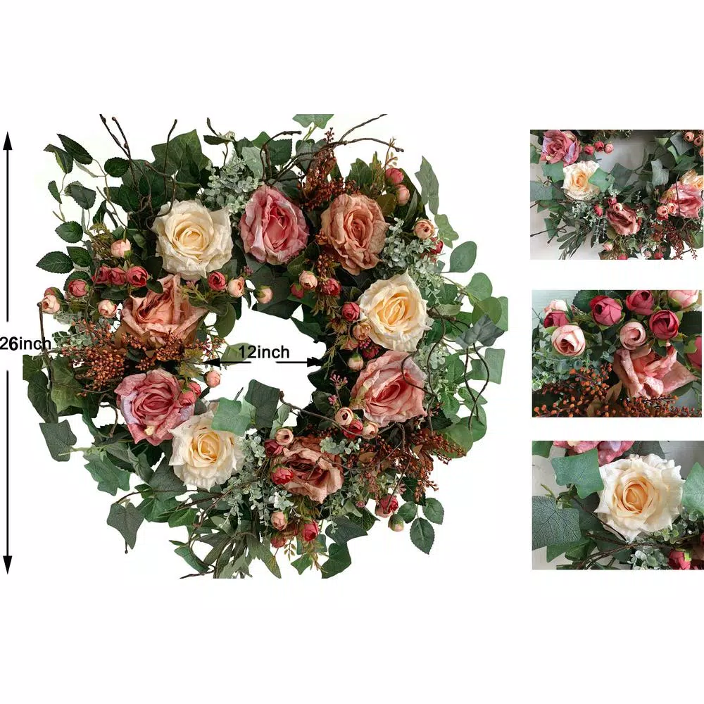 Glitzhome 26 in. Artificial Green Wreath with Roses, Eucalyptus, and Lambs Ear
