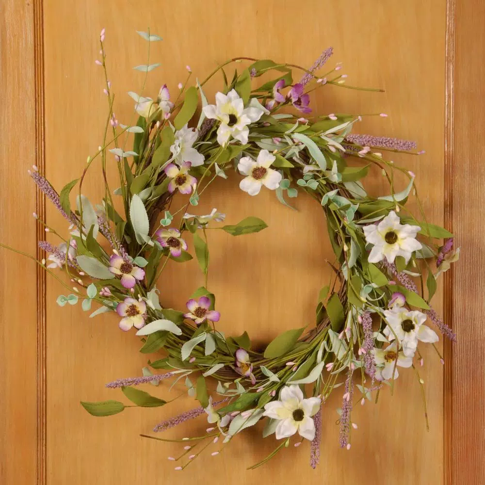 Unbranded 22 in. Purple and White Spring Floral Wreath with Lavender, Verbena, and Clematis