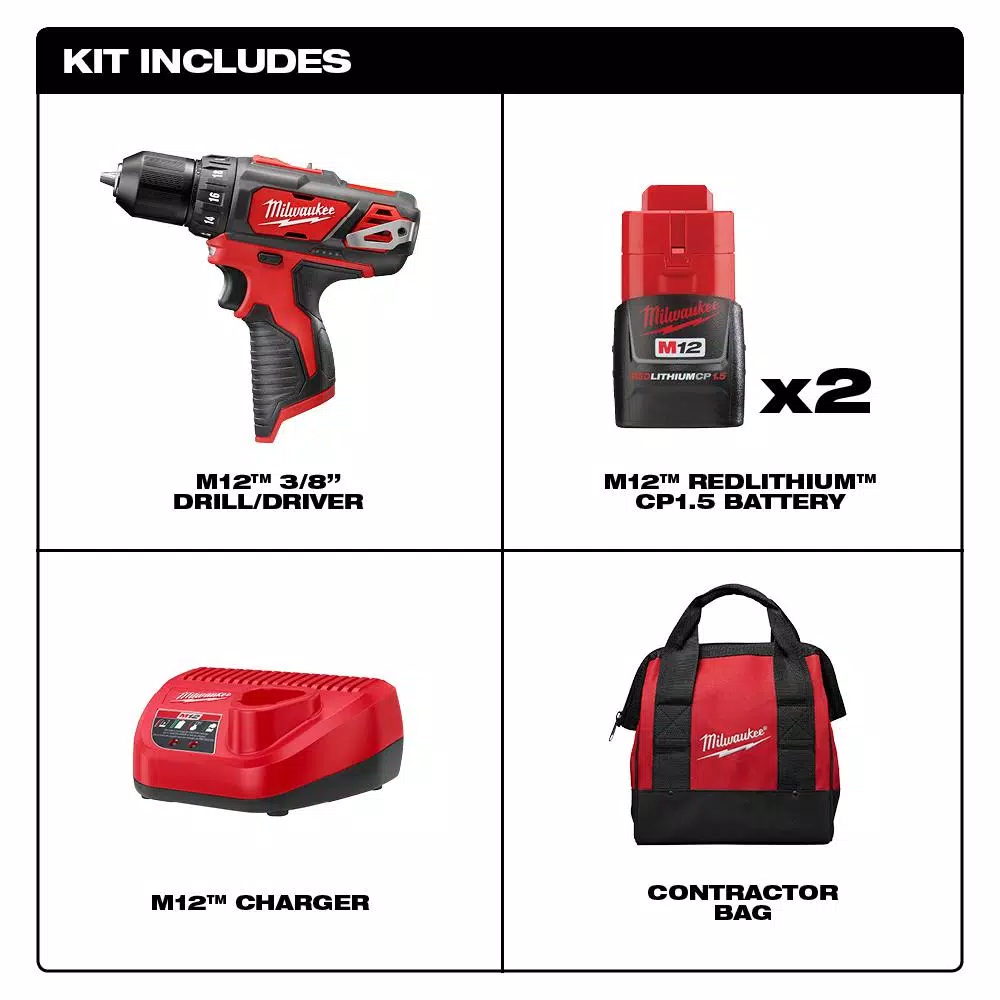 Milwaukee M12 12V Lithium-Ion Cordless 3/8 in. Drill/Driver Kit with Two 1.5 Ah Batteries, Charger and Bag