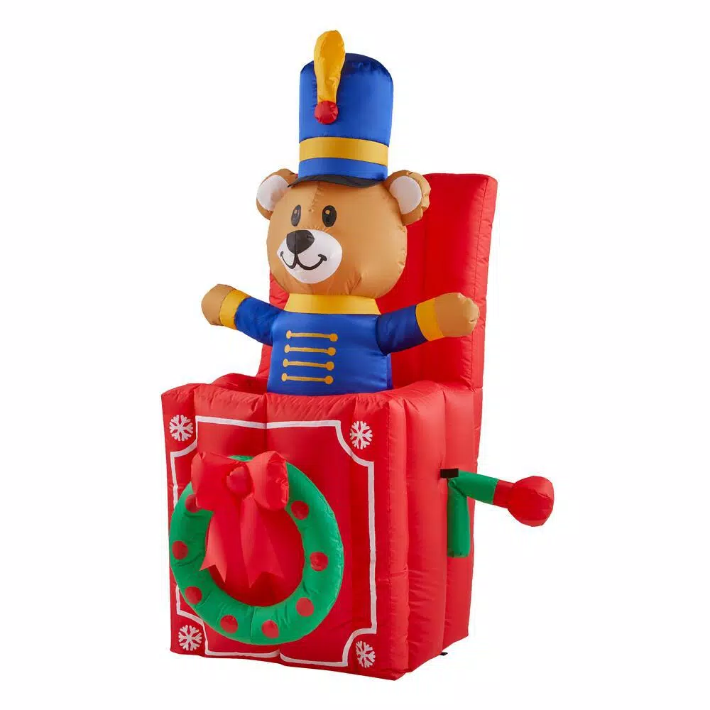 Home Accents Holiday 5 ft. Animated Airblown Inflatable Drum Major Bear in Jack-in-the-Box Christmas Decoration
