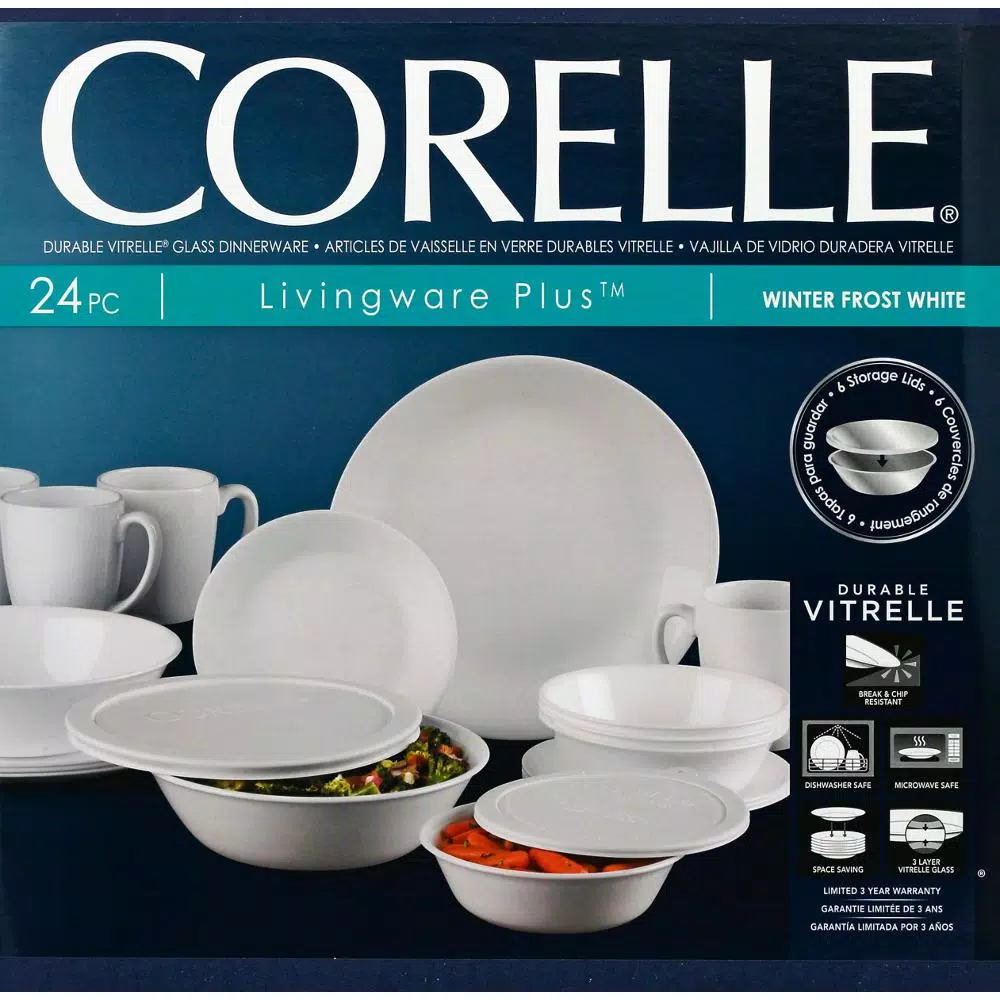 Corelle Livingware 24-Piece White Glass Dinnerware Set, Service for 4