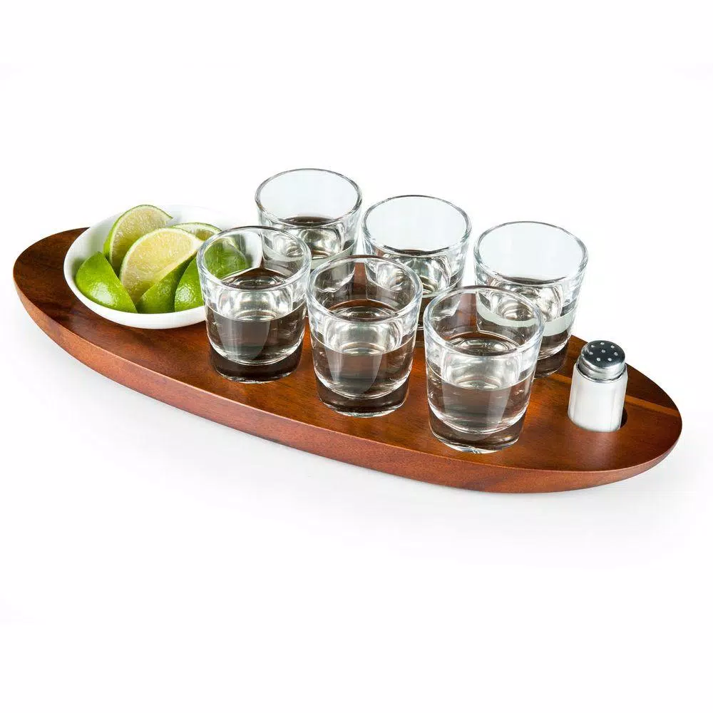 Picnic Time Cantinero Acacia Wood Shot Glass Serving Tray Set - 9 Piece